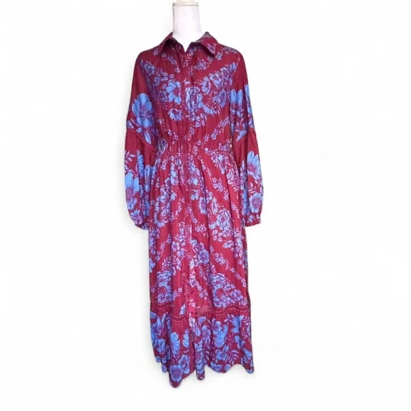 Anthropologie Boho Floral Maxi Shirt Dress NWT M Petite Flowy Cottagecore HTF - Picture 3 of 9